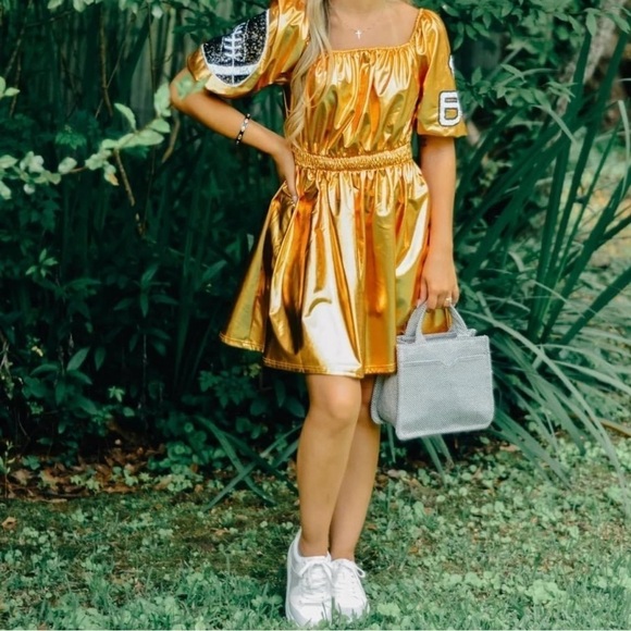 Fantastic Fawn Metallic Gold Sequin Helmet Puff Sleeve Touchdown Mini Dress - Picture 5 of 17